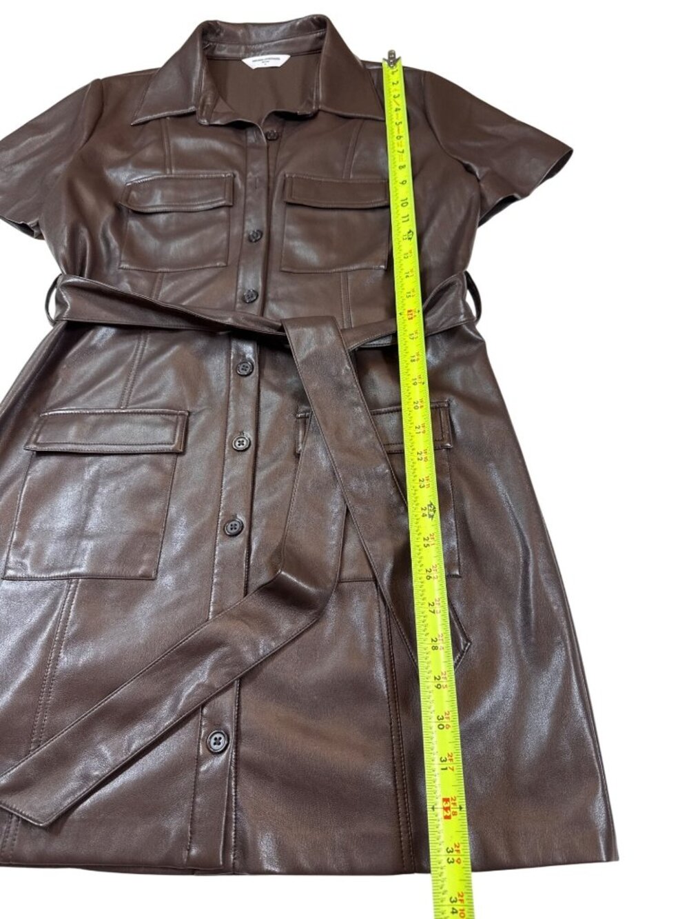 Amanda Uprichard Brown Faux Leather Belted Shirt Dress M Short Sleeve (MM731) - Picture 5 of 10